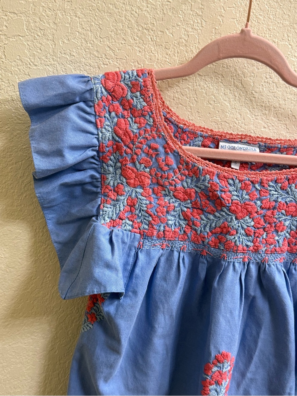 Mi Golondrina Blue Embroidered Flutter Sleeve Top with Coral Floral Detail - Picture 4 of 11